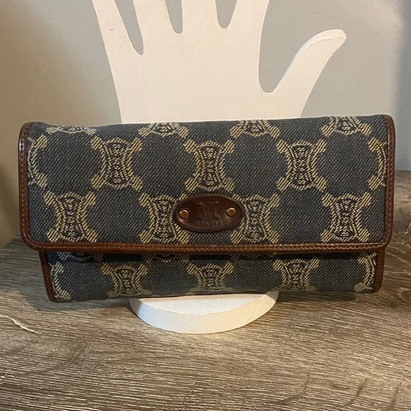 Celine Vintage Macadam Blue Denim Brown Leather Trim Wallet 7.25x4 EUC - Picture 1 of 15
